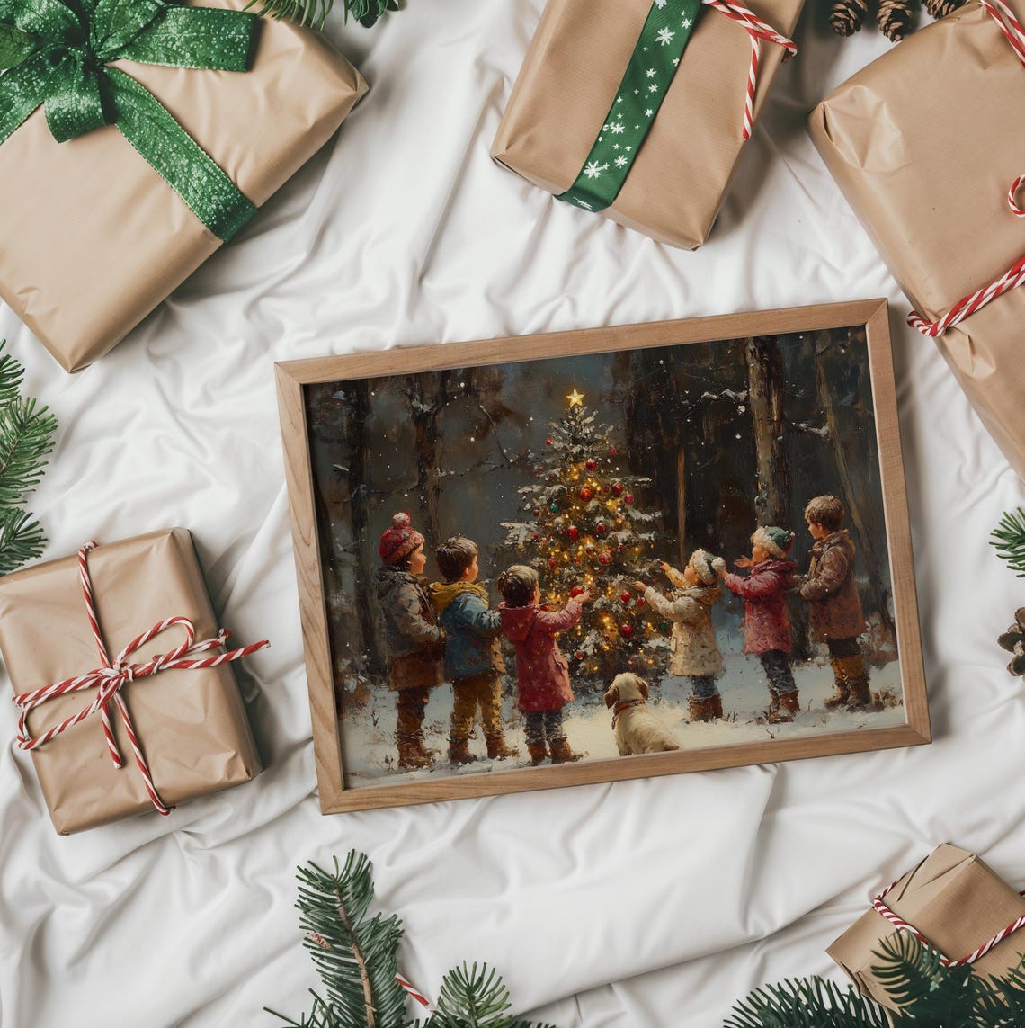 Six Children And A Puppy Decorating A Snowy Christmas Tree Poster - Image 2