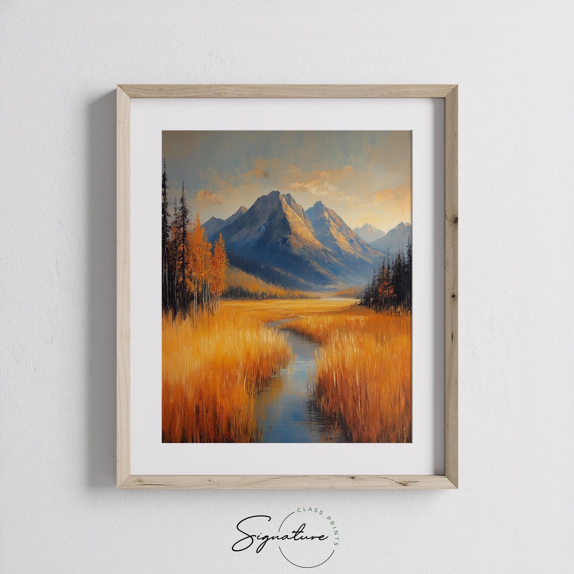 Golden Meadow Stream Leading To Blue Autumn Mountains Scenic Poster - Image 3