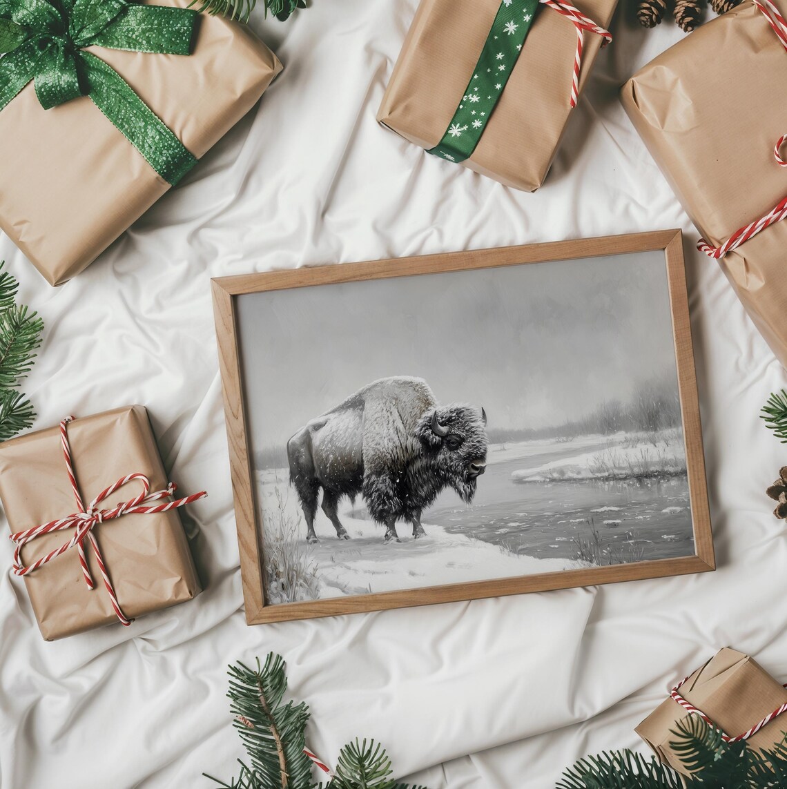 Bison Standing by Snowy River in Winter Wildlife Nature Art Poster - Image 2