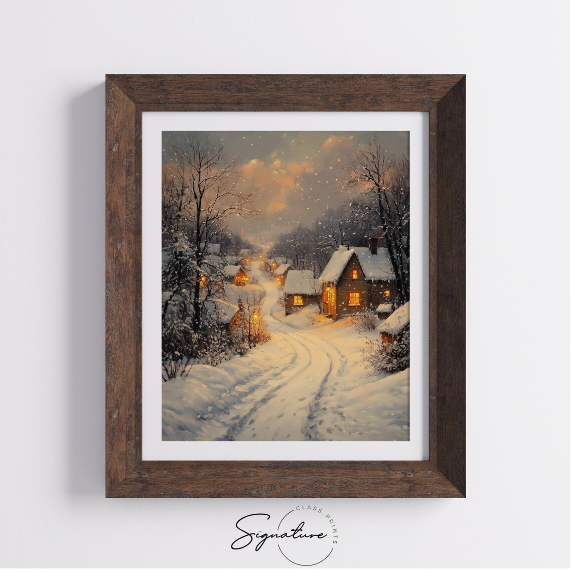 Snowy Village Lane at Dusk with Glowing Cottages Pink Sky Poster - Image 3