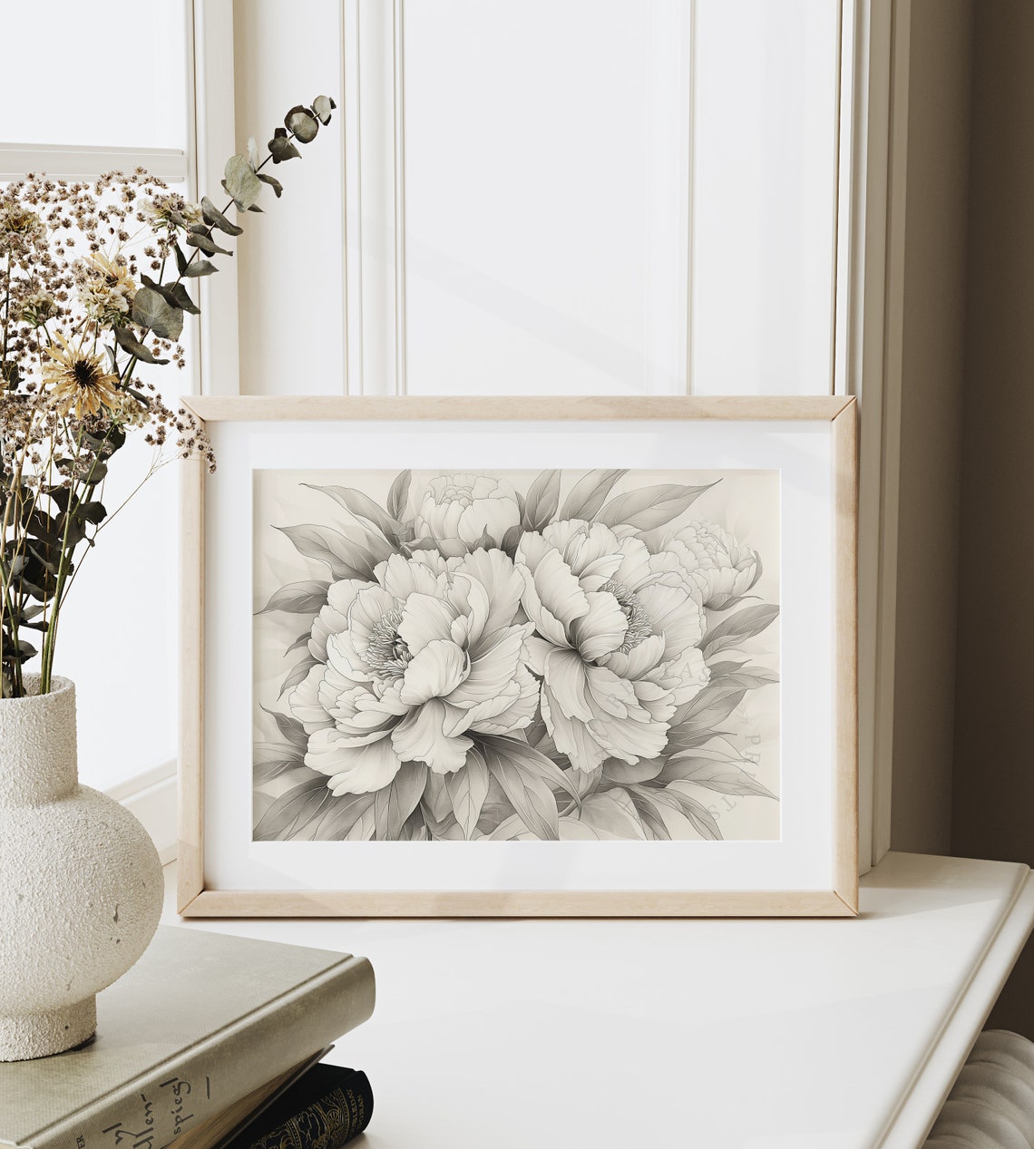 Peony Bouquet Soft Grayscale Elegant Botanical Floral Sketch Poster - Image 6