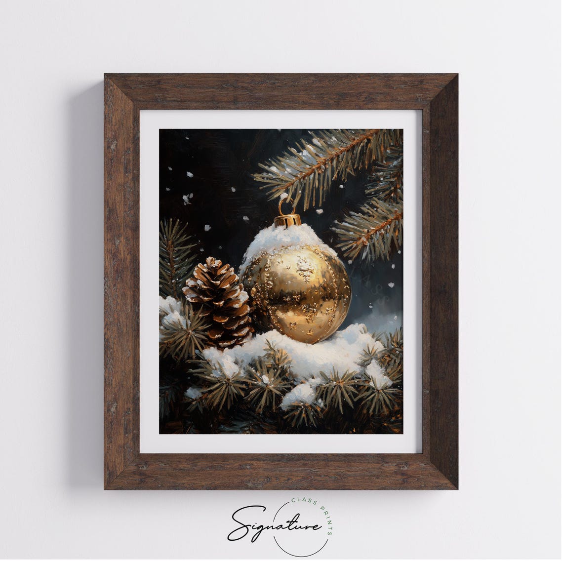 Gold Ornament Hanging From Snowy Branch Pinecone Still Life Poster - Image 4