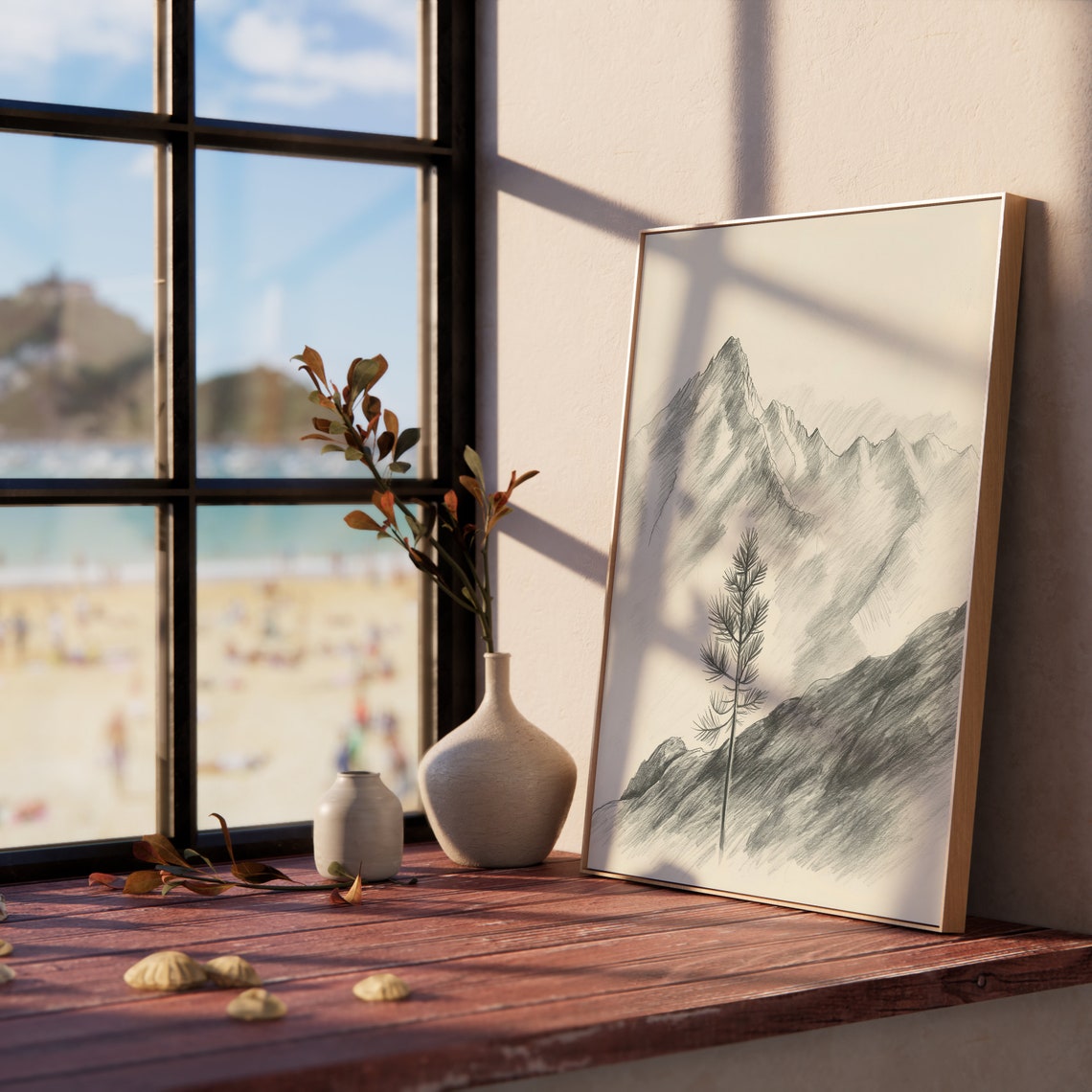Lone Pine Tree Before High Mountain Peaks Serene Sketch Art Poster - Image 5