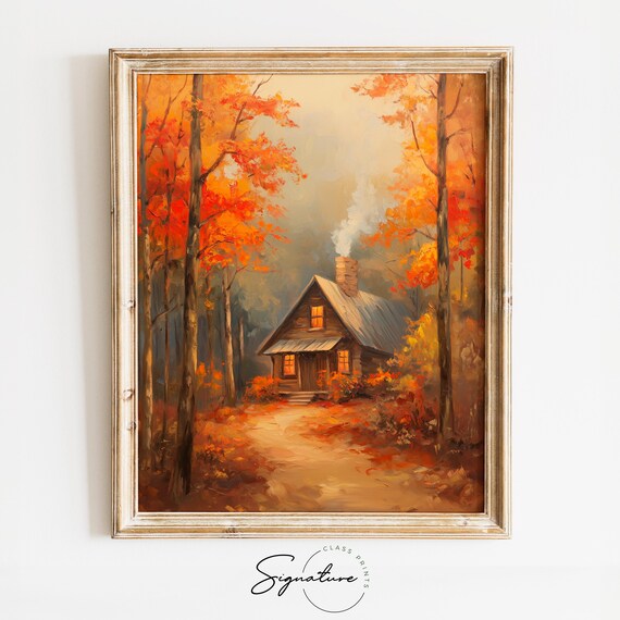 Cozy Cabin Autumn Woods Smoky Chimney Warm Fall Windows Poster