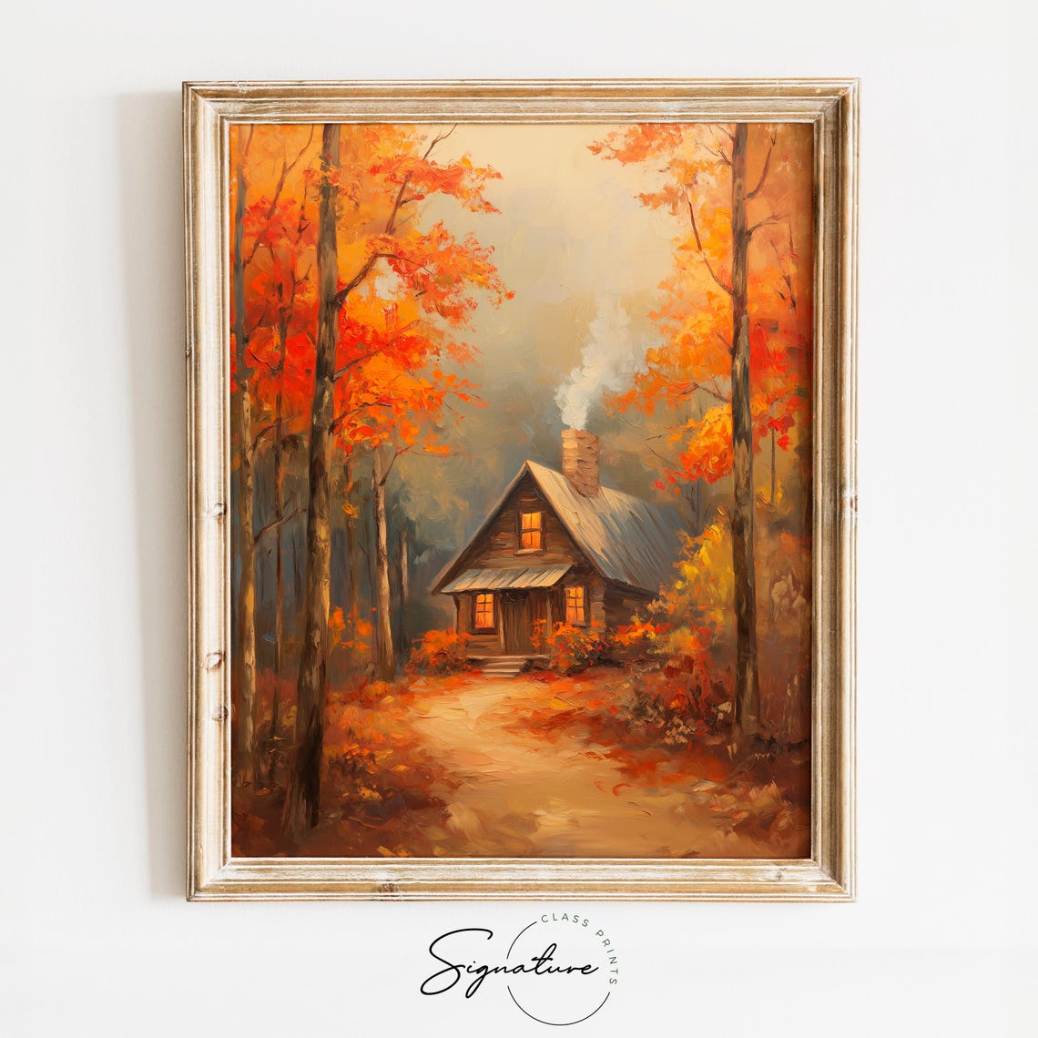 Cozy Cabin Autumn Woods Smoky Chimney Warm Fall Windows Poster