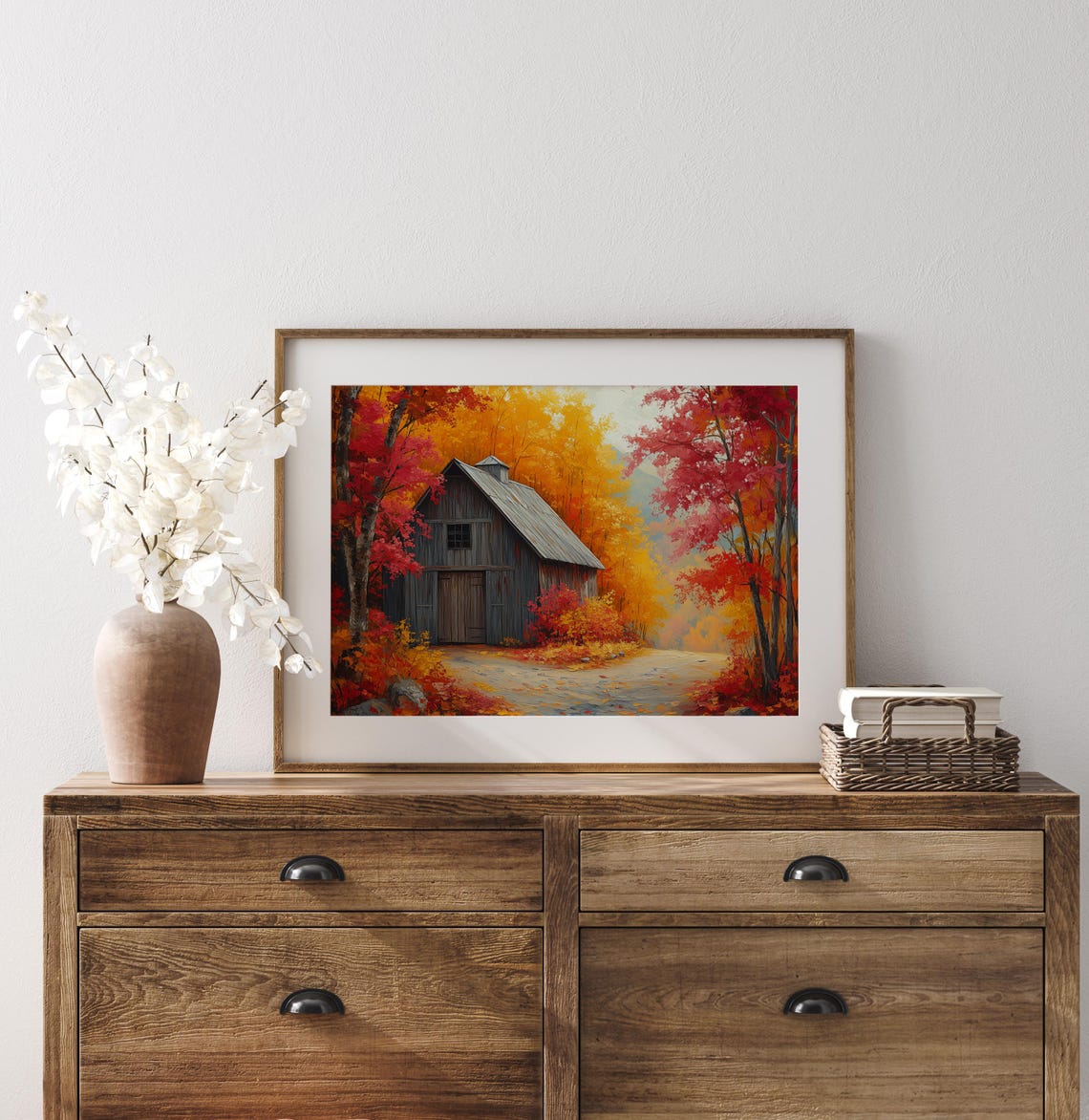 Gray Wooden Barn Hidden Among Crimson and Gold Autumn Maples Wall Art - Image 3