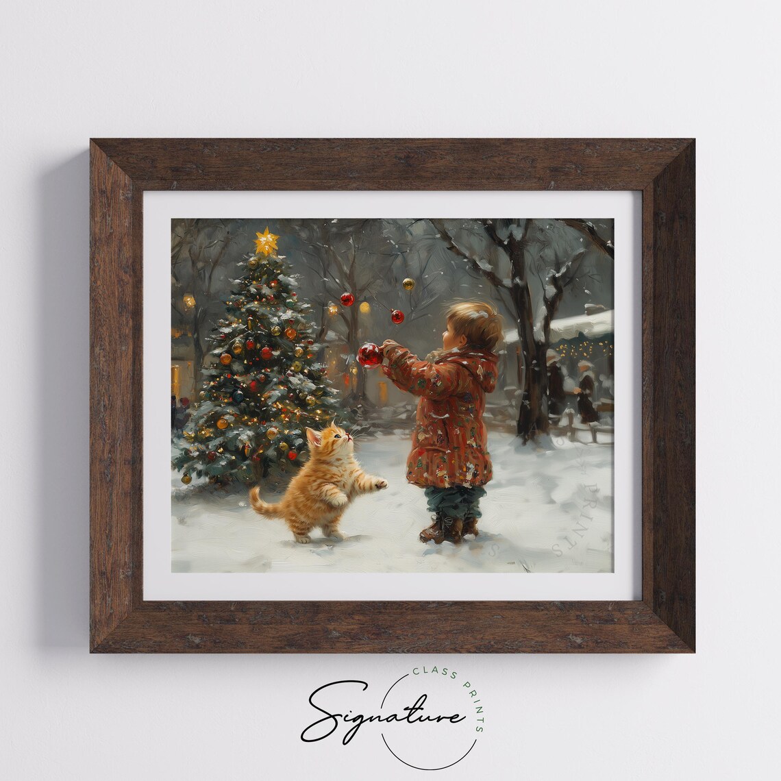 Child and Kitten Playing With Christmas Ornaments Snowy Night Poster - Image 5