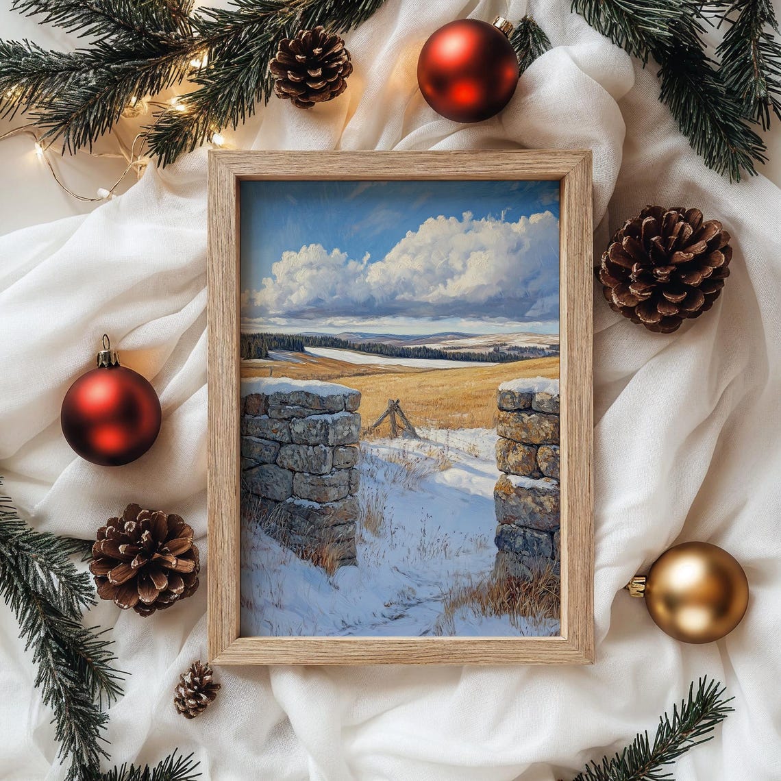 Rustic Stone Gate Snowy Pasture Golden Winter Landscape Poster - Image 4