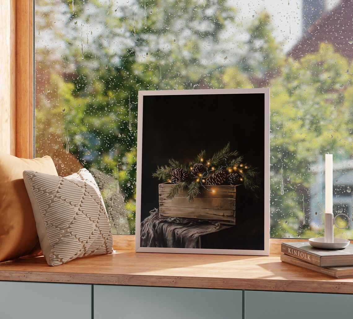 Pinecones Evergreen and Fairy Lights in Wooden Crate Holiday Poster - Image 2
