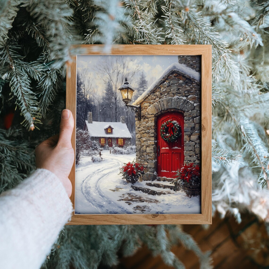 Stone House with Red Door Wreath and Lantern in Snow Christmas Poster - Image 6