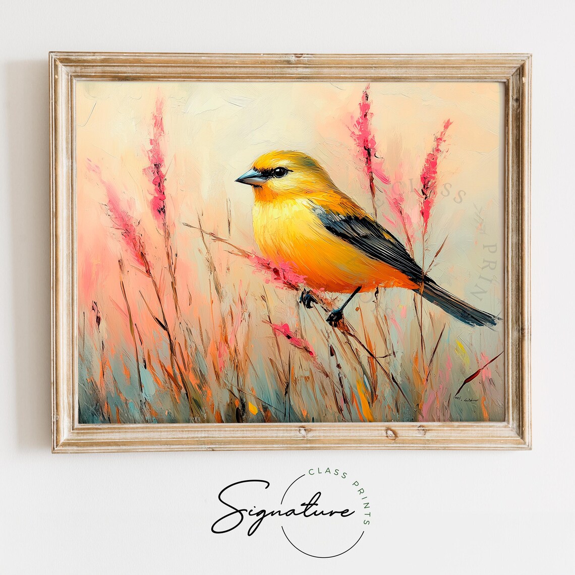 Bright Goldfinch In Meadow Grasses Pastel Vintage Bird Painting Poster