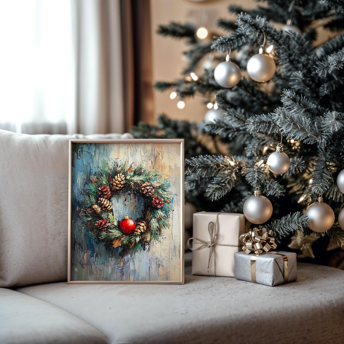 Christmas Wreath with Pinecones and Red Ornament Oil Painting Print - Image 5