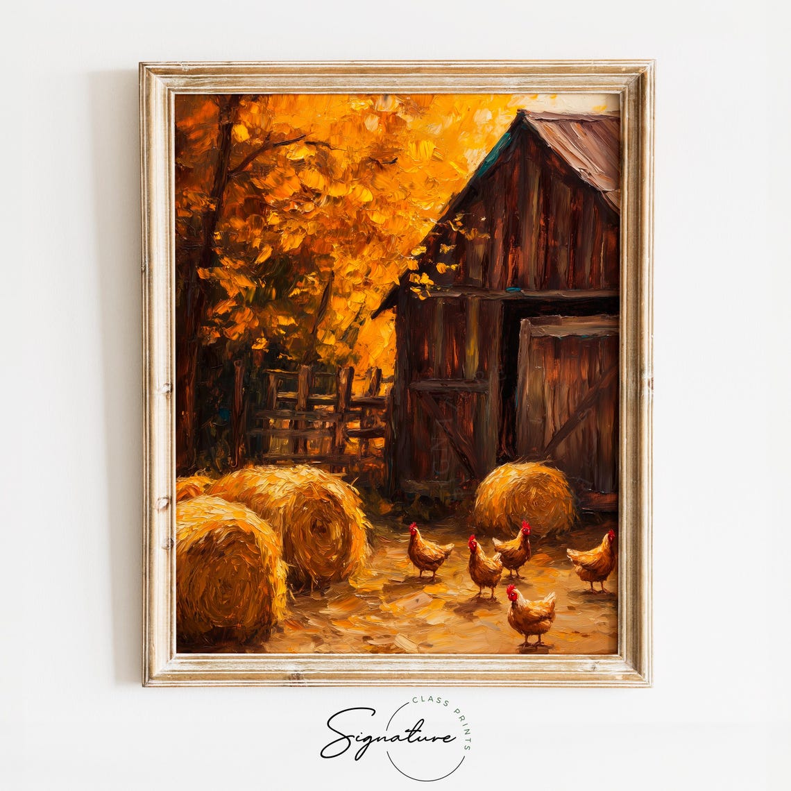 Autumn Farmyard With Chickens Barn And Hay Bales Rustic Poster