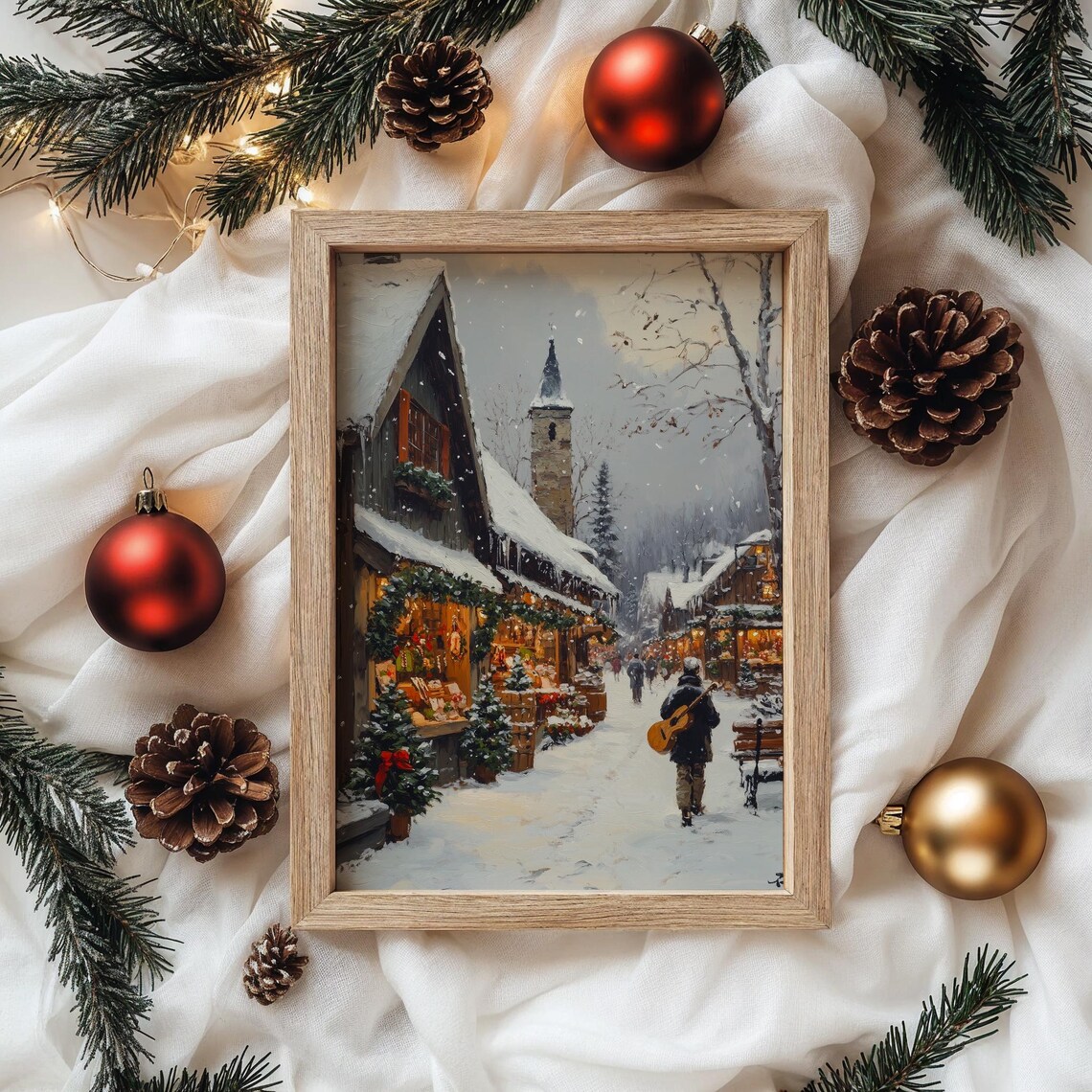 Snowy Village Market Street With Festive Shops And Wreaths Poster - Image 4