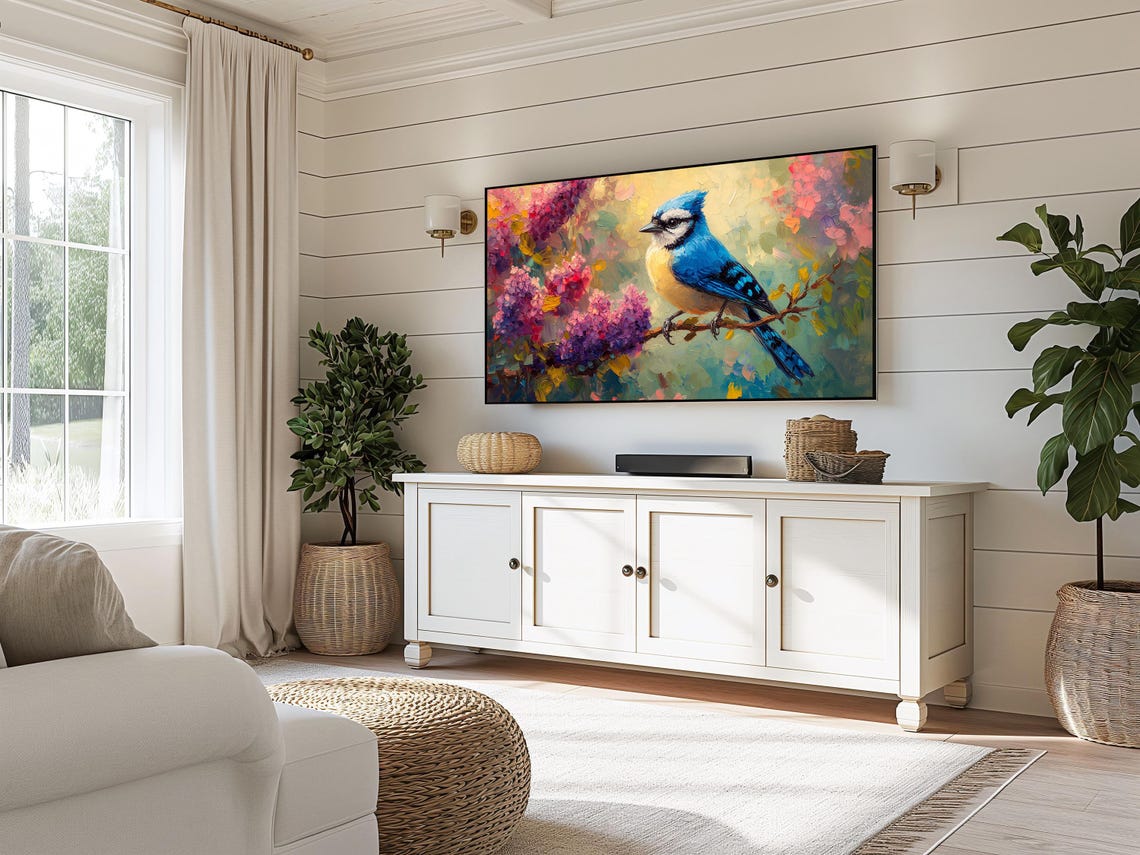 Blue Jay On Blooming Lilac Branch Impasto Floral Bird Poster - Image 3