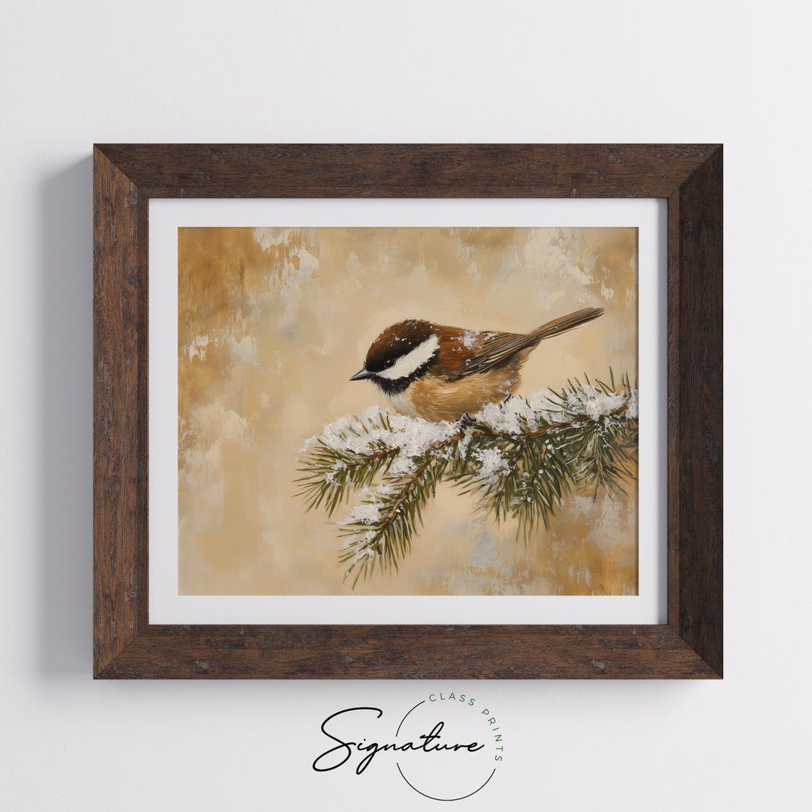 Chestnut Backed Chickadee on Snowy Pine Branch Bird Art Poster - Image 4