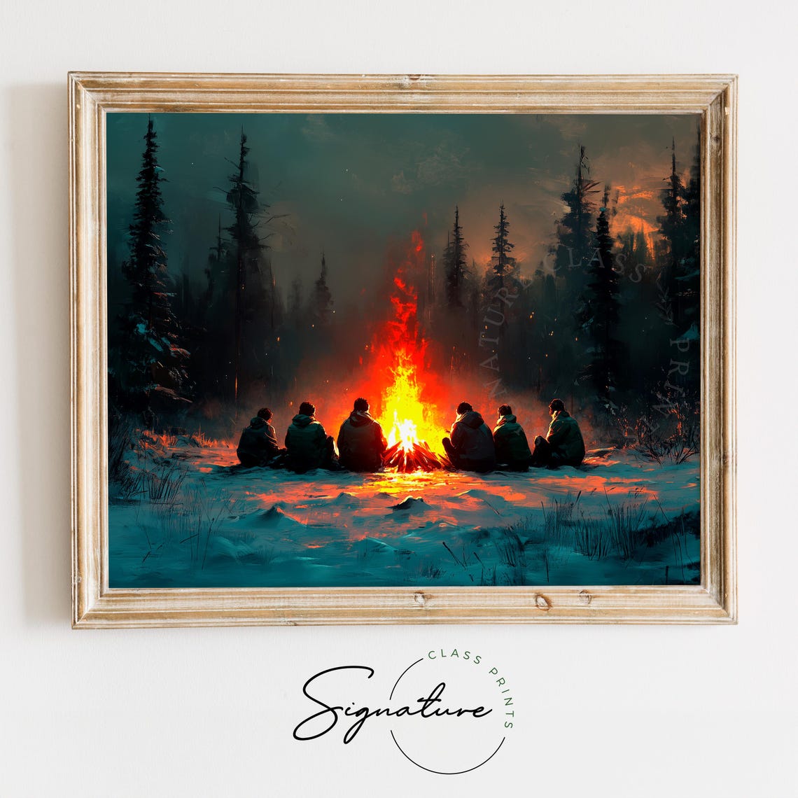 Friends Gathered Around Campfire In Snowy Night Forest Poster