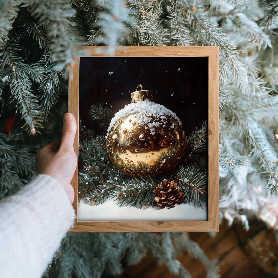 Snow Dusted Gold Ornament On Pine Boughs Vintage Holiday Poster - Image 6