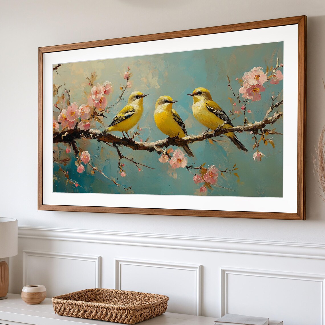 Goldcrest Trio On Blooming Cherry Branch Spring Bird Painting Art Poster - Image 2