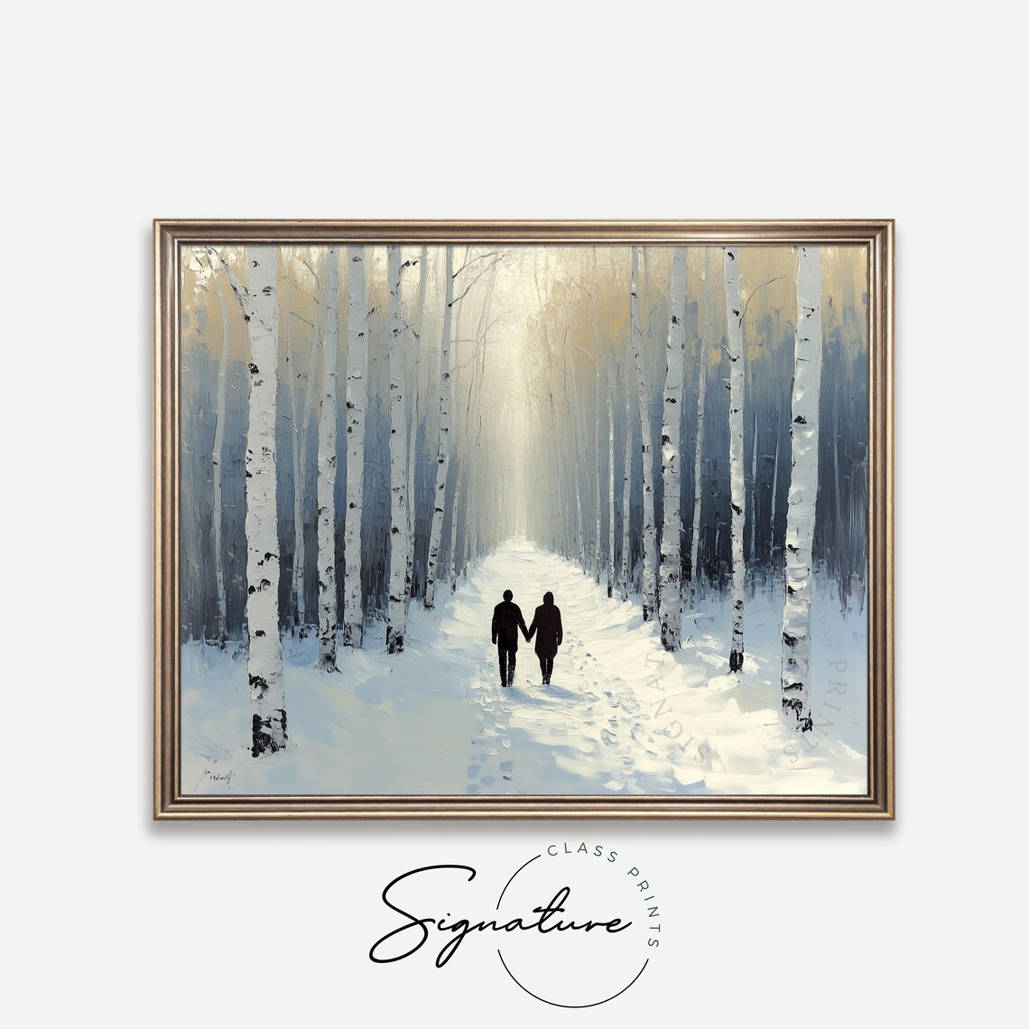 Couple Holding Hands on Snowy Birch Forest Path Romantic Art Poster - Image 4