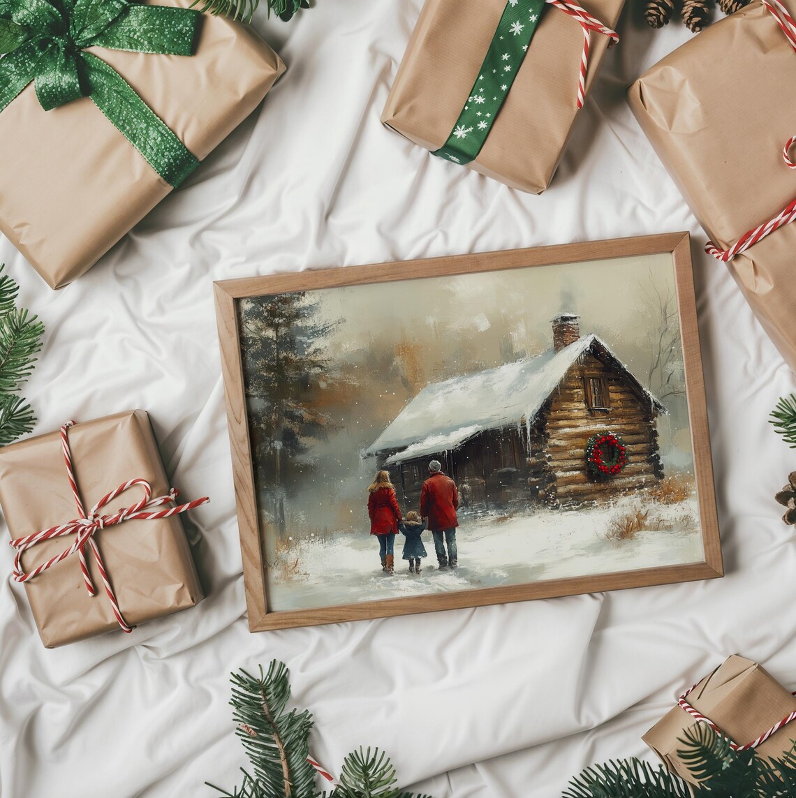 Family Walking To Log Cabin With Christmas Wreath Winter Poster - Image 2
