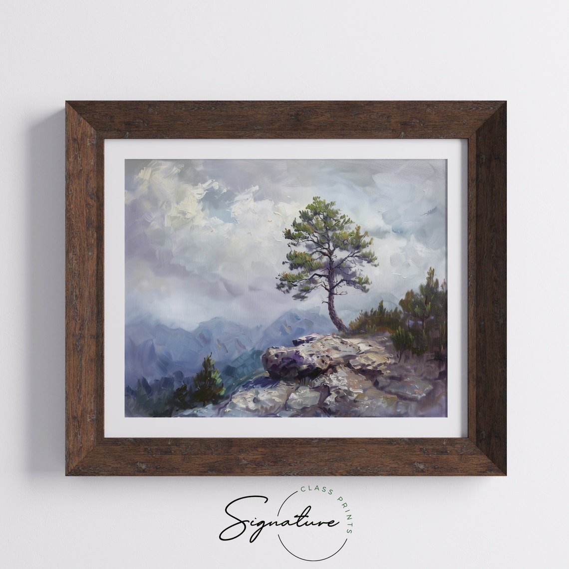 Lone Pine Tree On Rocky Ridge Above Misty Blue Mountains Poster - Image 5