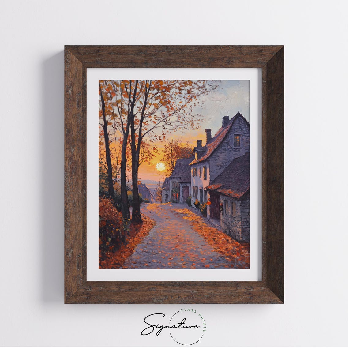 Old Stone Village Street Glowing at Sunset Beneath Autumn Trees Poster - Image 4