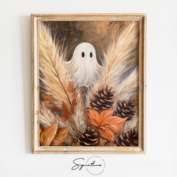 Ghost Amid Pampas Grass And Fall Pinecones Rustic Cottagecore Halloween Art Earthy Autumn Wall Decor Moody Art Print 1590