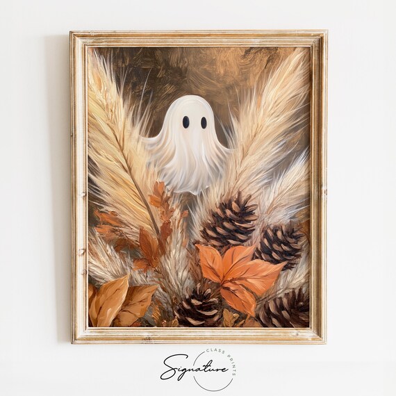 Ghost Hiding in Pampas Grass with Pinecones and Fall Leaves Poster