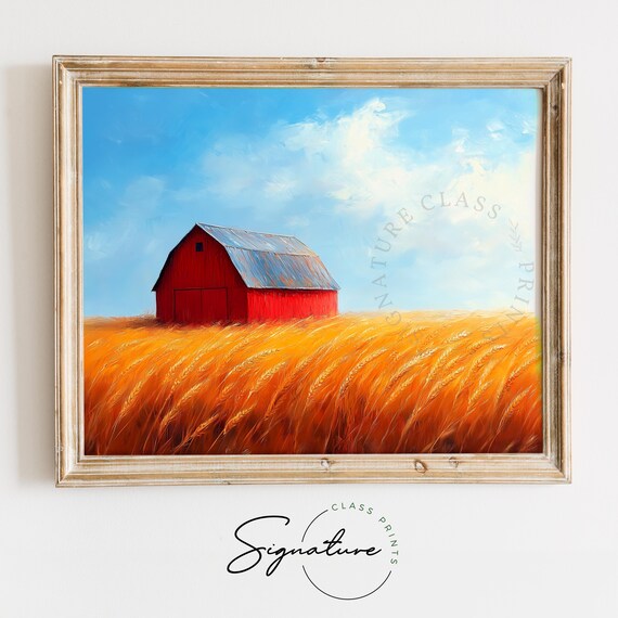 Red Barn Golden Wheat Field Blue Sky Oil Painting Country Poster