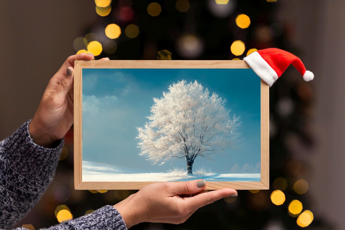 Snow Covered Lone Tree Winter Field Oil Painting Minimal Poster - Image 3