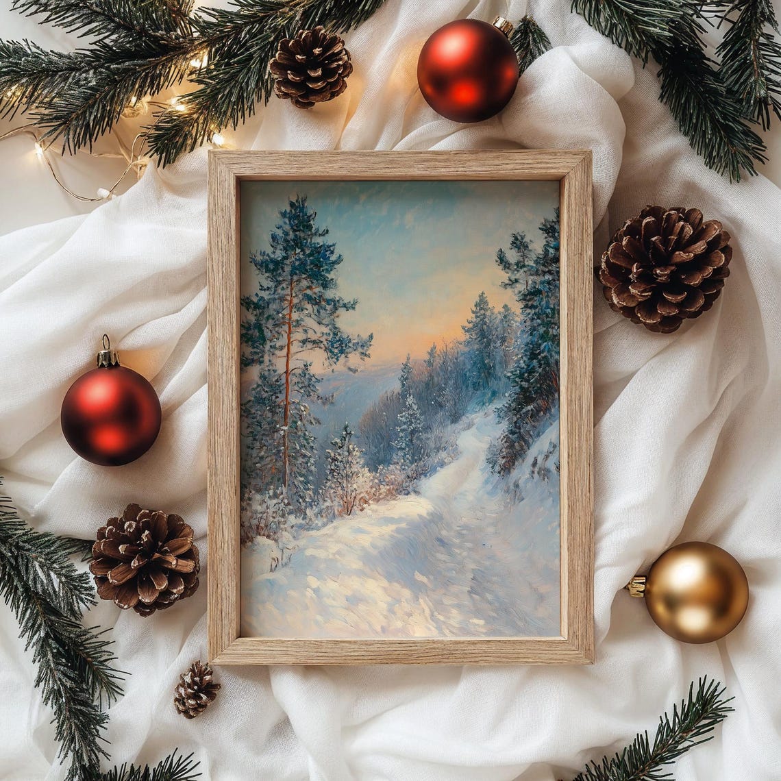 Snowy Forest Path at Sunset Under Blue and Peach Sky View Poster - Image 4