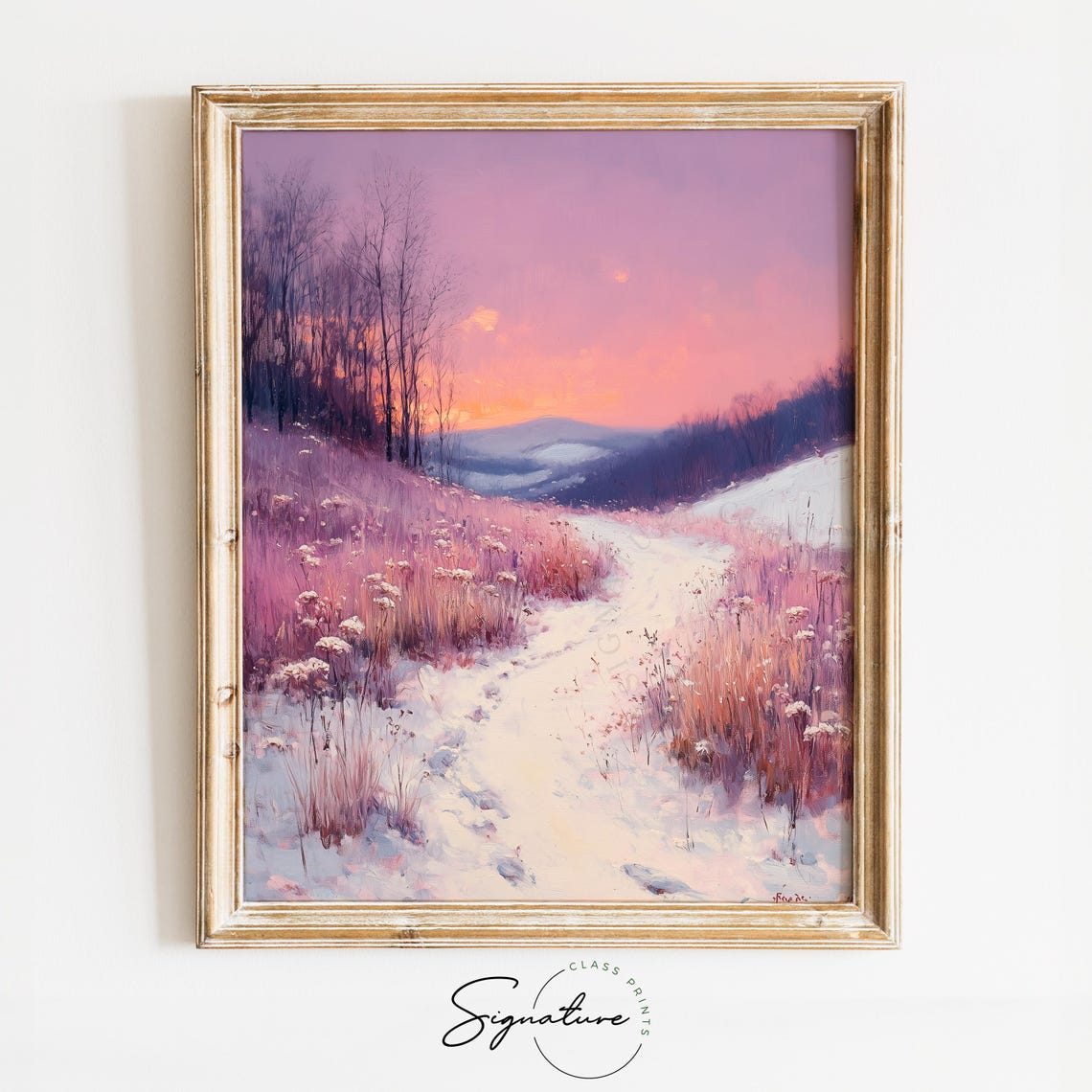 Snowy Hillside Path Purple Evening Glow Winter Landscape Poster