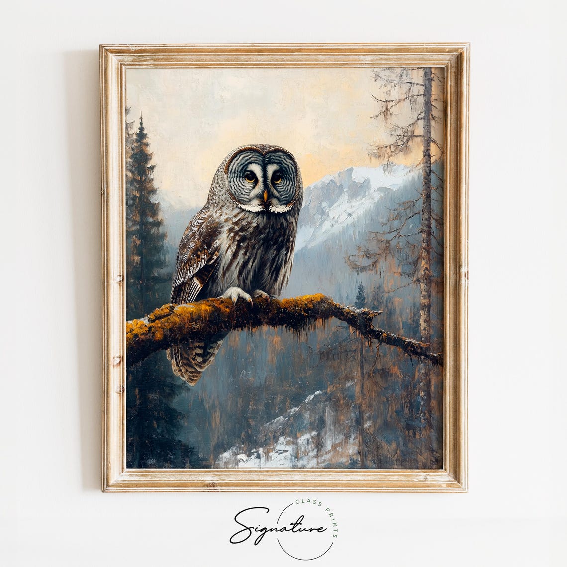 Majestic Great Grey Owl Snowy Mountain Branch Wildlife Art Poster