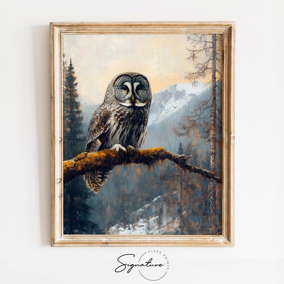Majestic Great Grey Owl Snowy Mountain Branch Wildlife Art Poster