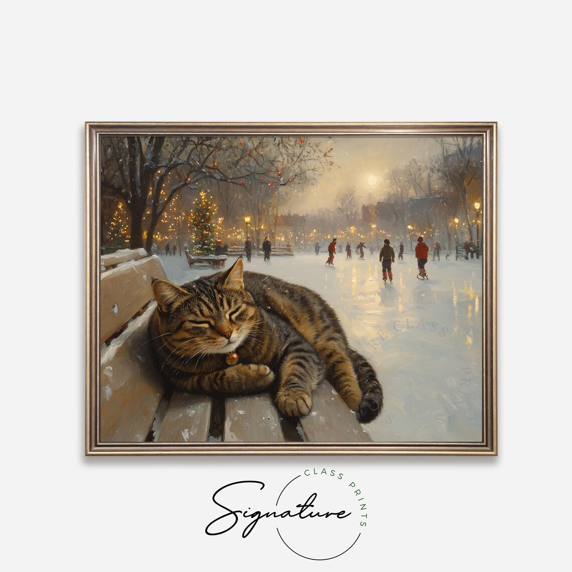 Tabby Cat Napping on a Snowy Park Bench Overlooking Ice Skaters Poster - Image 4