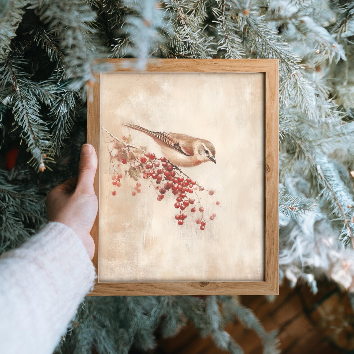 Songbird Resting on Red Winter Berries Vintage Winter Poster - Image 6