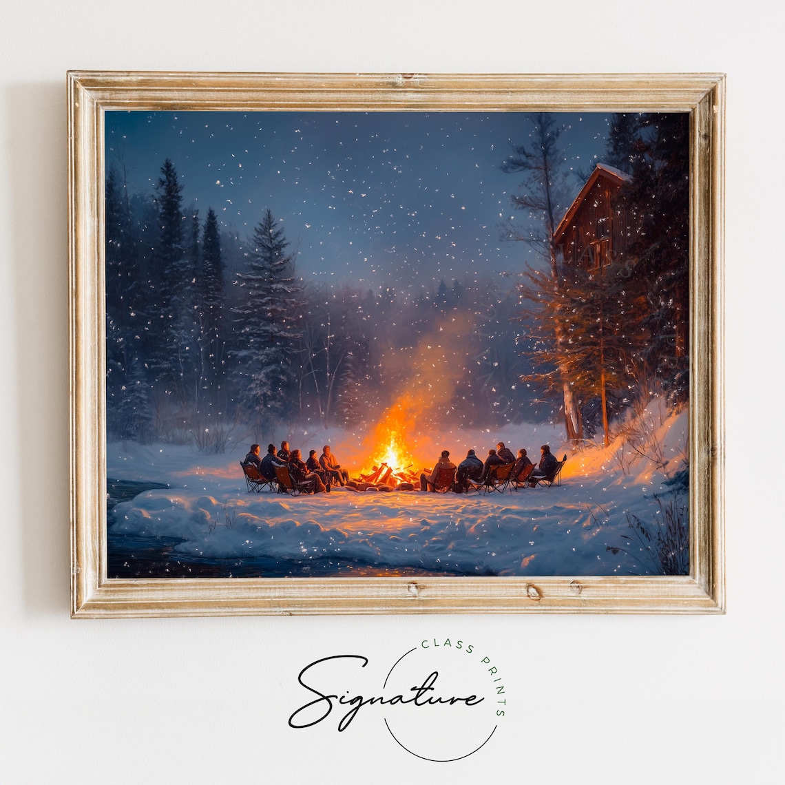 Friends Gathered Around Bonfire in Snowy Night Forest Cozy Art Poster