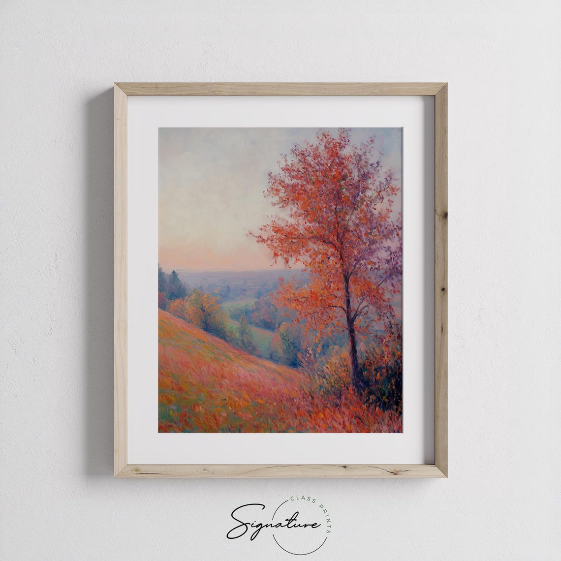 Lone Scarlet Tree Overlooking a Misty Pastel Autumn Valley Poster - Image 3