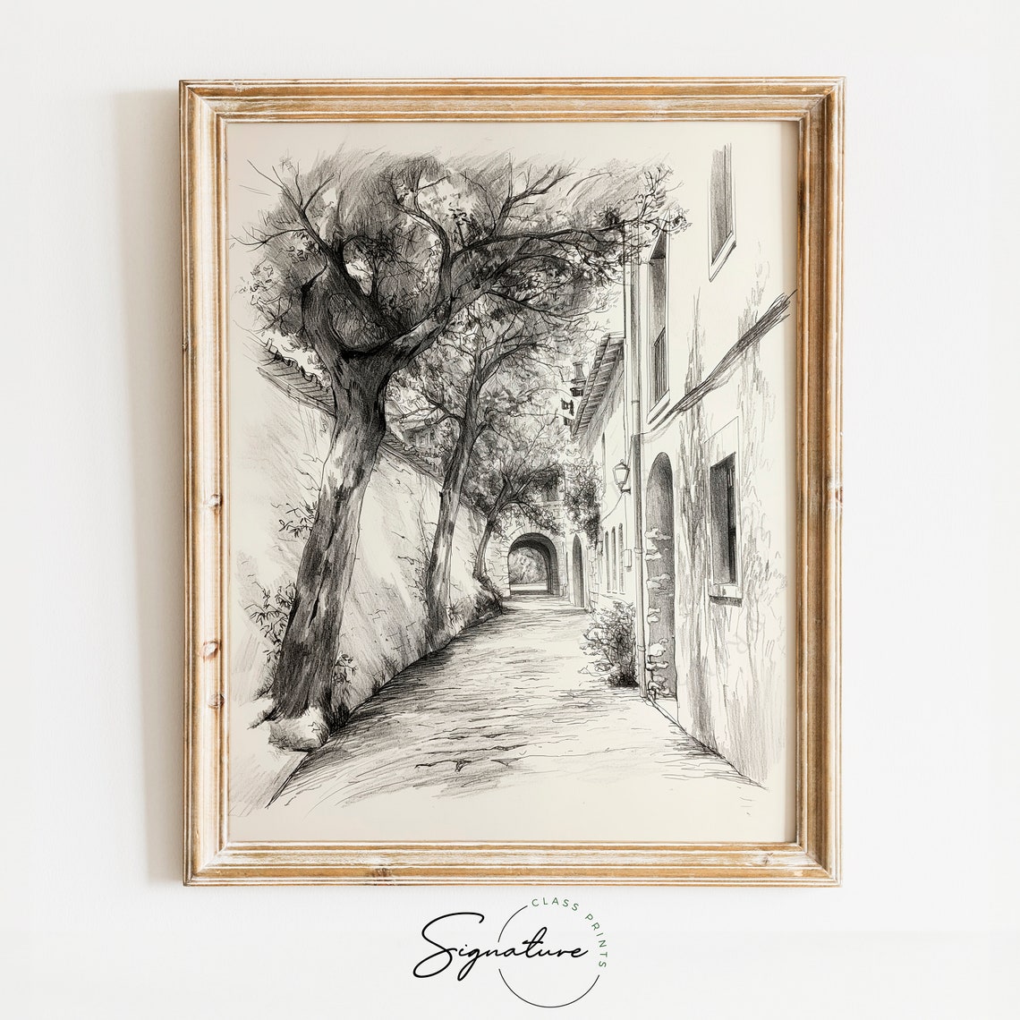 Old Town Alley With Arches And Trees Vintage Street Sketch Poster