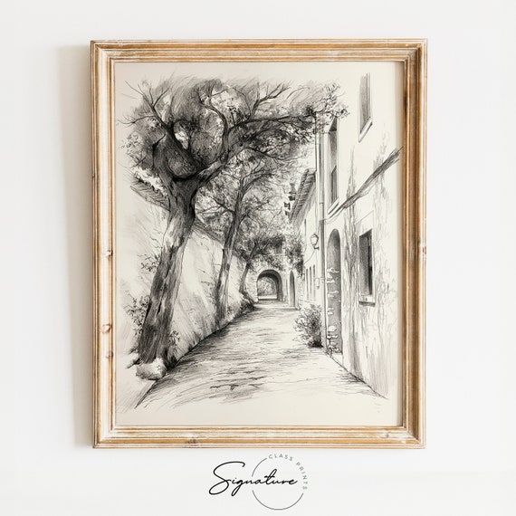 Quiet Alley With Overhanging Trees In An Old Town Sketch Vintage Urban Artwork Townscape Decor Historical Street Scene 768
