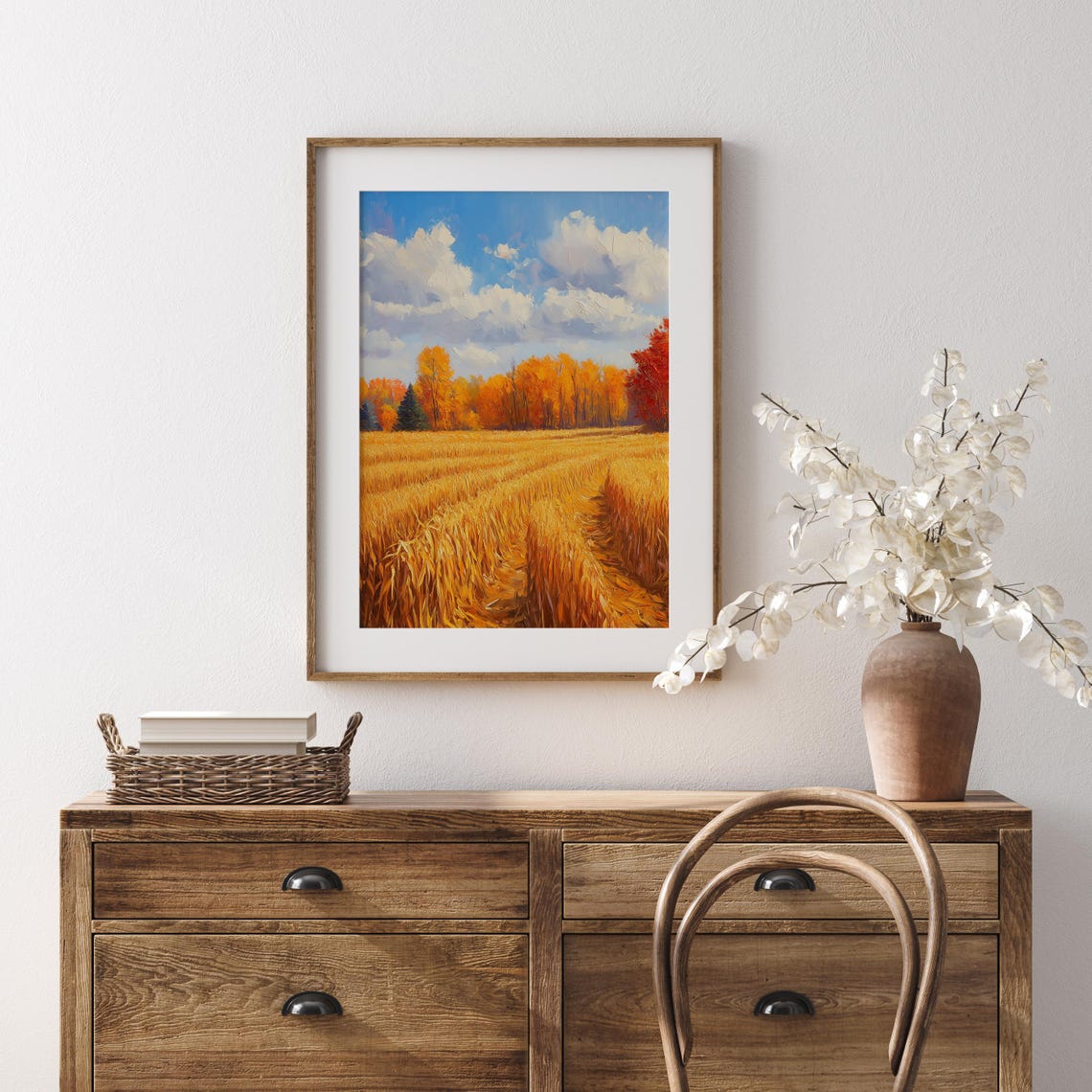 Golden Wheat Field Rows Autumn Treeline Dramatic Clouds Sky Poster - Image 5