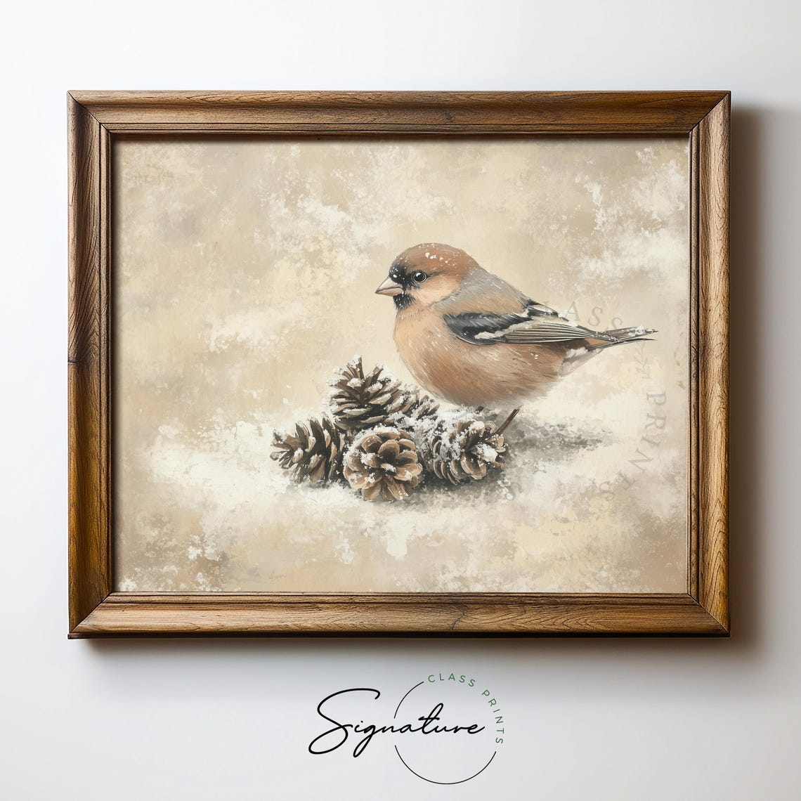 Chaffinch on Frosted Pinecones Rustic Winter Bird Painting Poster - Image 5