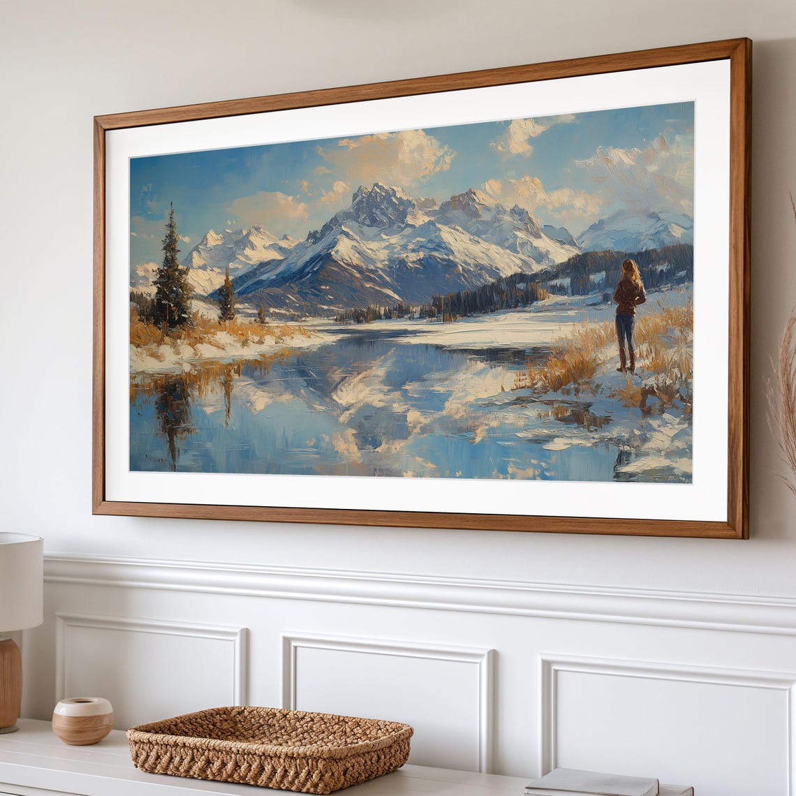 Snowy Mountain Lake Reflection With Lone Woman On Shore Poster - Image 2