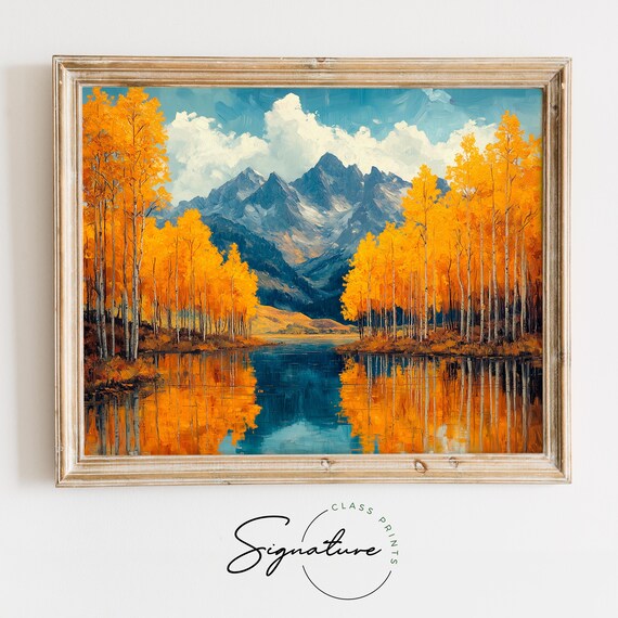 Golden Aspens Mirrored in Mountain Lake Under Snowy Peaks Poster
