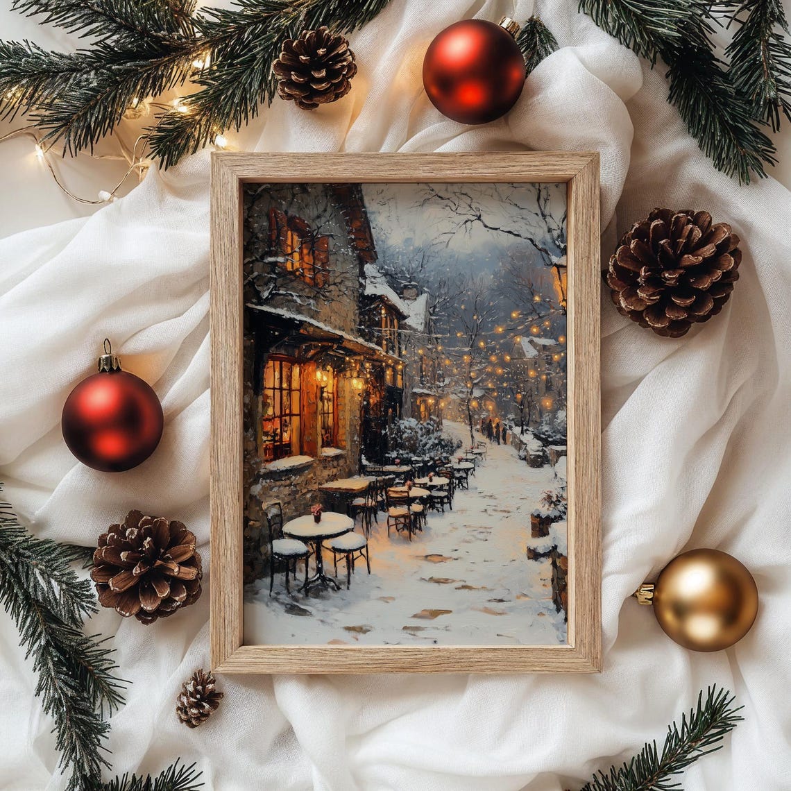 Snowy Village Square With Outdoor Cafe Winter String Lights Poster - Image 4