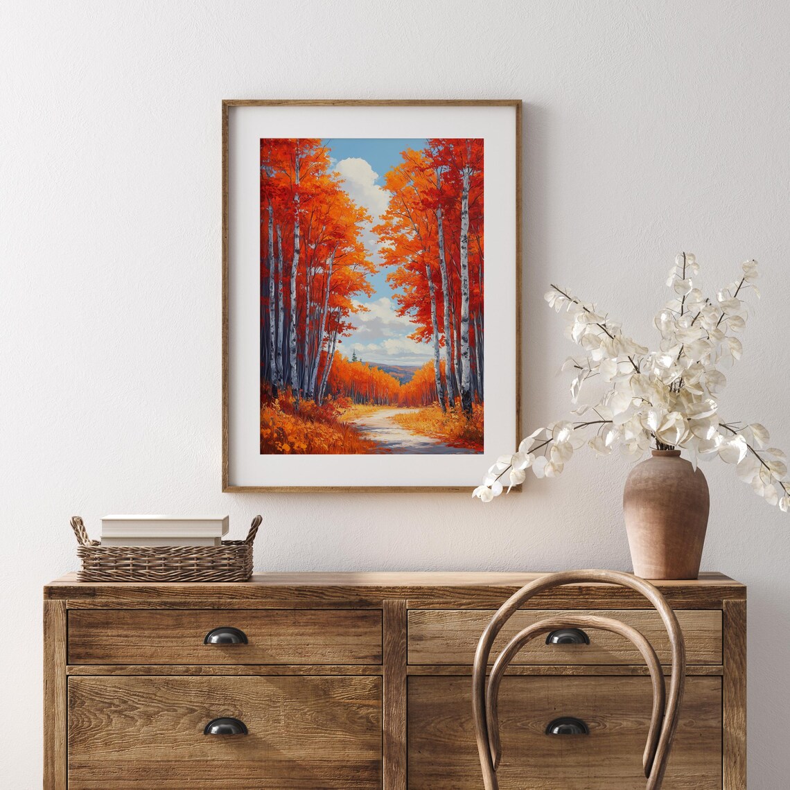 Red Birch Forest Autumn Foliage Winding Sunlit Path Painting Print - Image 5