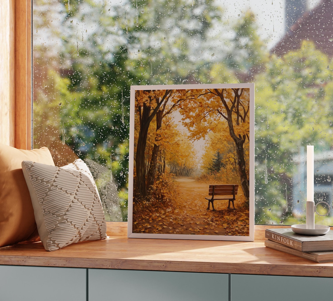 Solitary Wooden Bench Under Golden Trees Autumn Park Scene Art Poster - Image 2