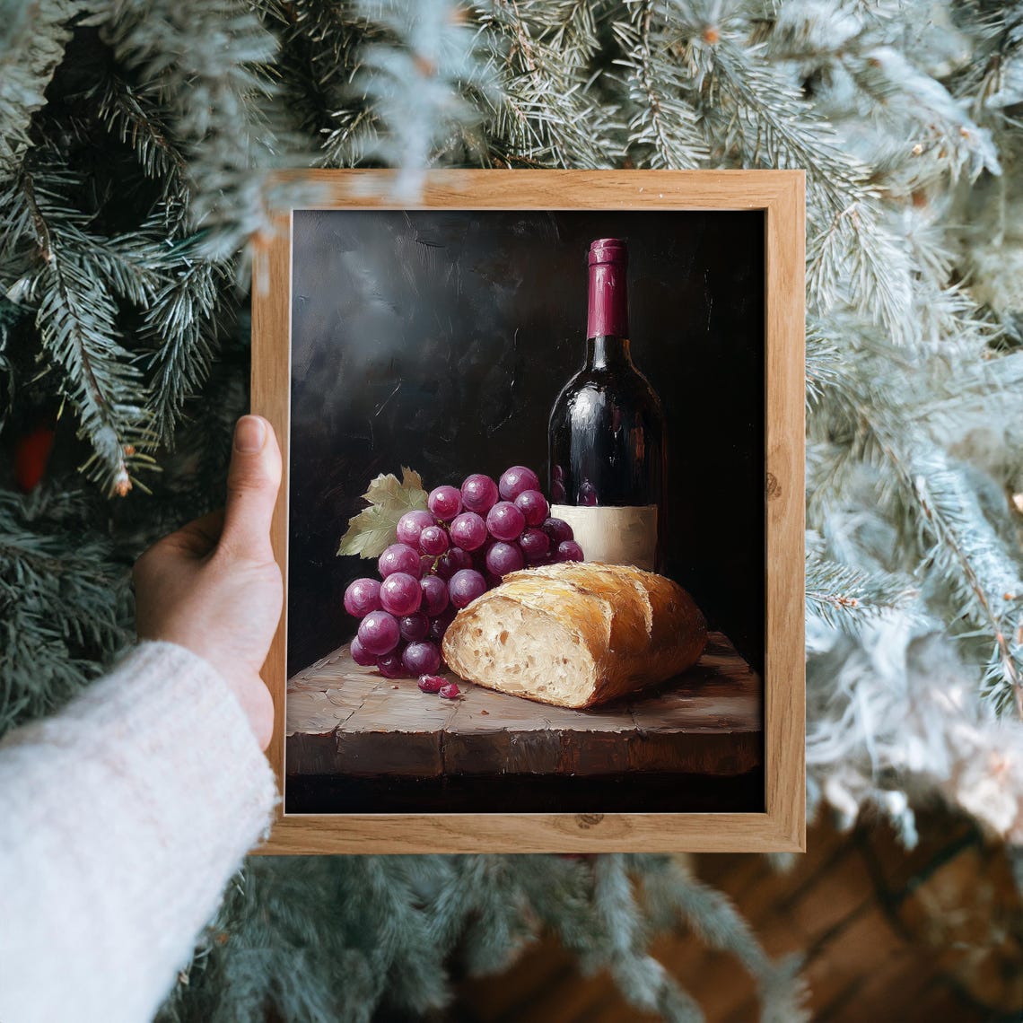 Wine Bottle Grapes Bread Still Life Oil Painting Kitchen Wall Poster