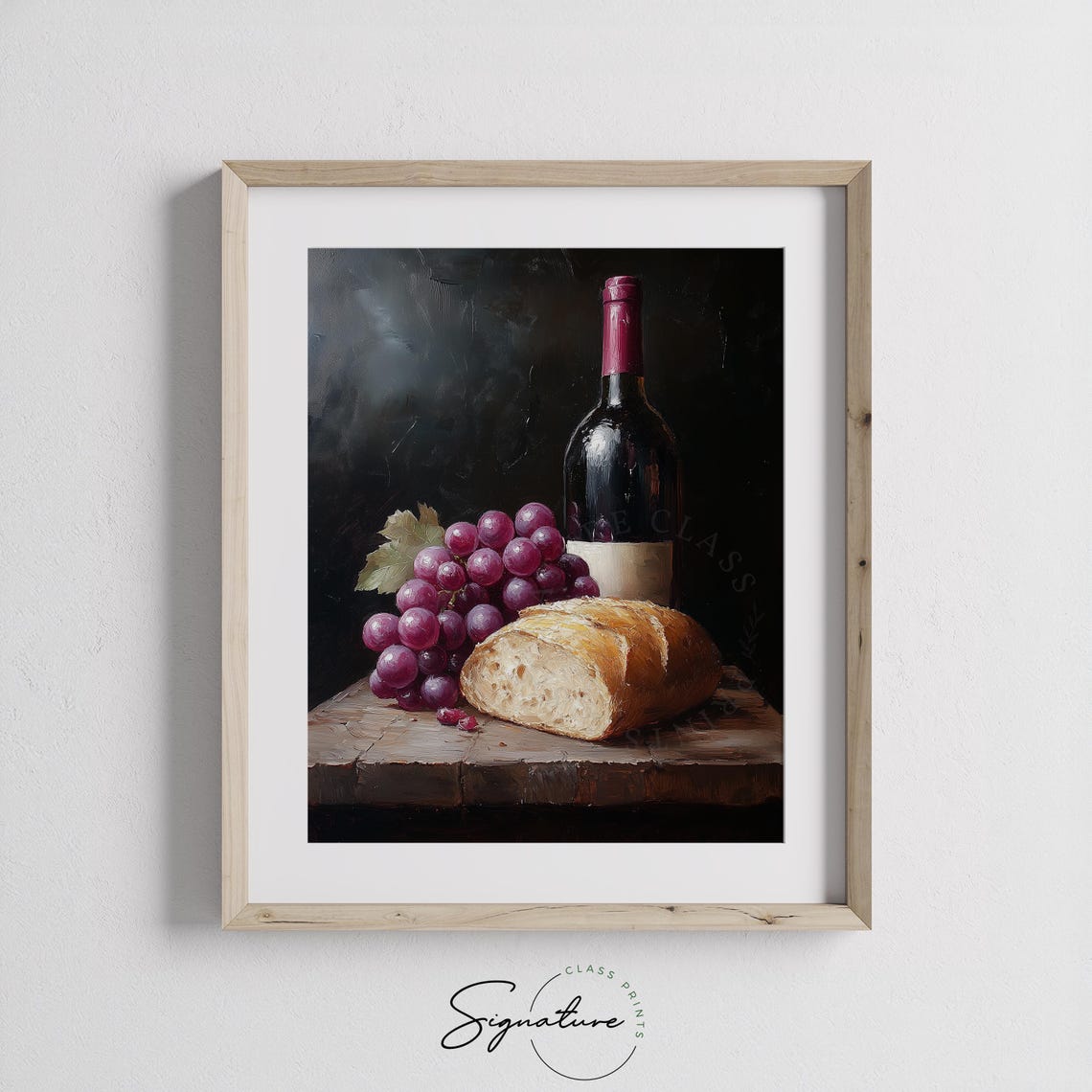 Wine Bottle Grapes Bread Still Life Oil Painting Kitchen Wall Poster - Image 4